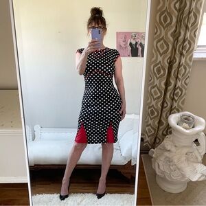 BLACK SLEEVELESS DRESS WHITE POLKA DOTS RED TRIM BUTTONS  PLEATS ZIPPER